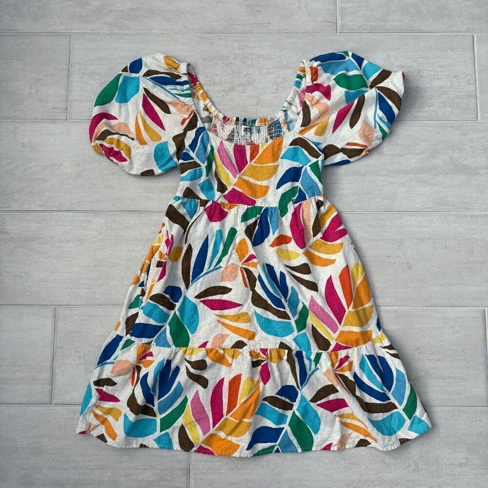 Tabitha Brown Small Multicolor Botanical Print Puff Sleeve Mini Dress Boho Linen
